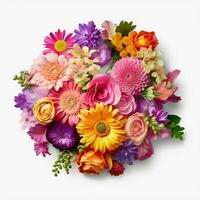 A top view of a bouquet of various colorful flowers. Isolated white background. AI Generated. photo