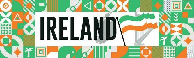 PrinIreland national day banner design. Ireland flag and map theme with background. Template vector Ireland flag modern design. Abstract geometric retro shapes of Green and blue color.