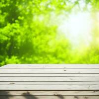 Empty wooden table with blurred green garden background. For product display. AI generated photo