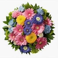 A top view of a bouquet of various colorful flowers. Isolated white background. AI Generated. photo