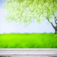 Empty wooden table with blurred green garden background. For product display. AI generated photo