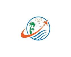 Beach ocean and traveling logo design with palm tree symbol vector icon.