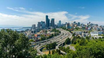 Aerial view of the Seattle, WA skyline in June photo