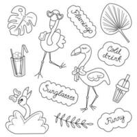 Summer set with cute flamingos and words in dialogue clouds. Doodle black and white lineart vector illustration.