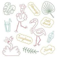 Summer set with cute flamingos and words in dialogue clouds. Doodle color lineart vector illustration.