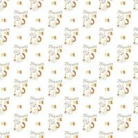 Seamless pattern with cute cat asking to play with him. Doodle color vector illustration.