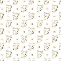 Seamless pattern with cute cat asking to play with him. Doodle color vector illustration.