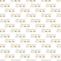 Seamless pattern with a cute cat face and the inscription International Cat Day. Doodle color vector illustration.