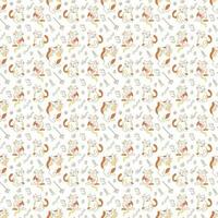 Seamless pattern with three cute cats and cat toys. Doodle color vector illustration.