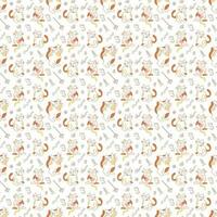 Seamless pattern with three cute cats and cat toys. Doodle color vector illustration.