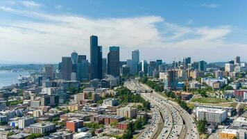 Aerial view of the Seattle, WA skyline in June photo