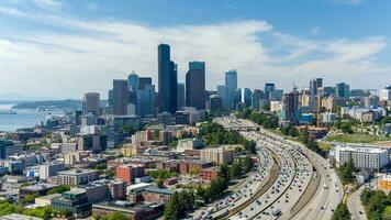 Aerial view of the Seattle, WA skyline in June photo