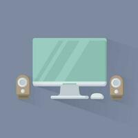 Desktop computer isolated display icon and speakers on gray background. Flat vector illustration