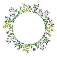 Cute hand drawn round frame with floral elements, herbs, leaves, flowers, twigs. Vector illustration for wedding design, logo and greeting card.