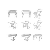 Set collection design of Table Mahjong And Student Desk Modern outline style icons. Stroke vector illustration on a white background.