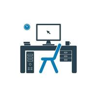 Computer Workstation Icon. With Computer, Desk, Chair, CPU, Clock, Books and Coffee Cup Symbols. Editable Flat Vector Illustration.