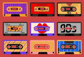 conjunto de retro diseño audio casetes colección de elementos 1990, 1980 Clásico pegatinas, iconos vector ilustración en plano estilo