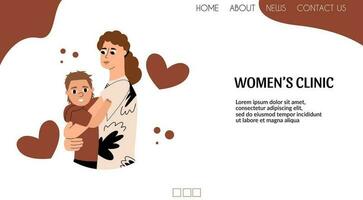 Web page with a mother hugging a child. Website template for medical clinic. Vector illustration in flat style