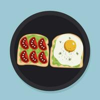 Illustration of snack and breakfast toast with crumpled avocado, tomato and scrambled eggs on a plate in flat style. vector