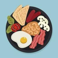 Illustration of an English breakfast with egg, sausage, bacon, beans on a plate in flat style. Plate top view. vector