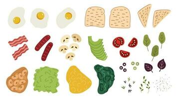 Breakfast food ingredients vector objects set. Design elements of vegetables, bread, bacon, scrambled eggs in flat style.