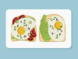 ilustración de desayuno tostadas con revuelto huevo, palta, tomate en un plato en plano estilo. vector