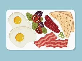 Illustration of breakfast with eggs, sausages, bacon and toast on a plate in flat style. Plate top view. vector