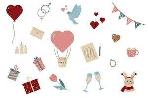 Set for Valentines day in flat style. Traditional symbols heart, ring, flower, gifts, balloon, pigeon, candles, glasses and others. Vector illustration