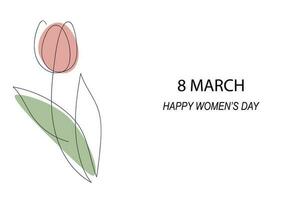 Card for International Women's Day. Tulip drawn in one continuous line with color spots. One line drawing, minimalism. Vector illustration.