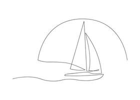 Sailing yacht with sun and wave drawn in one continuous line. One line drawing, minimalism. Vector illustration.