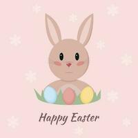 Easter card with cute rabbit and colored eggs on beige background with flowers. Vector illustration in flat style.