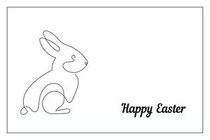 Rabbit drawn in one continuous line and inscription Happy Easter. Greeting banner or postcard. Minimalist black linear sketch. Vector illustration.