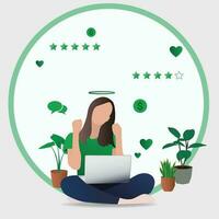 Illustration of an excited young girl holding laptop computer and celebrating success. Suitable flat design for social media posts, marketing, web design, UI. Green Color Scheme with Success Elements. vector