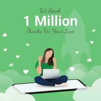 Excited woman holding laptop, sitting on mobile, flying in the sky by the success and achievement of reaching 1m followers on his page, channel. Flat Lady content creator, influencer character design vector