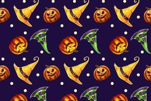 bright pattern, halloween,witches hats and pumpkins. Autumn pumpkins, ghosts, seamless pattern on a purple background. holiday. Halloween, Design elements for logo, badges, banners, labels, posters, vector