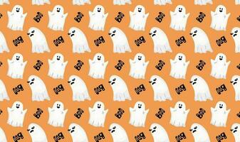 Pattern on the theme of Halloween. Halloween holiday. Souls, ghosts. Cute cartoon print, background. Evil, funny, cheerful ghost. Pattern, orange background. Seamless pattern, vector