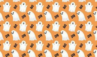 Pattern on the theme of Halloween. Halloween holiday. Souls, ghosts. Cute cartoon print, background. Evil, funny, cheerful ghost. Pattern, orange background. Seamless pattern, vector