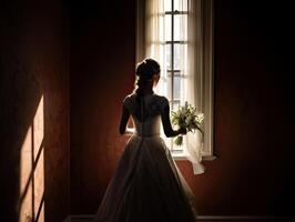 Back view of a bride in front of a window holding a bouquet of lillies - generative ai photo