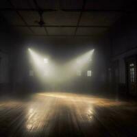 Dark empty room interior with spotlights shining down - generative ai photo