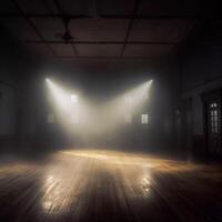 Dark empty room interior with spotlights shining down - photo