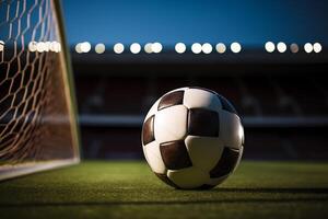 ai generativo fútbol pelota en el verde césped y objetivo red en fútbol americano estadio foto