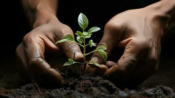 AI Generative Close-up of young man hands holding green seedling in soil photo