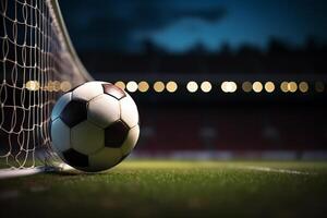 Soccer ball on the green grass and goal net in football stadium photo