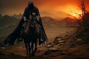 AI Generative soldier on horse in battle ground with hidden face , Ashura day concept photo