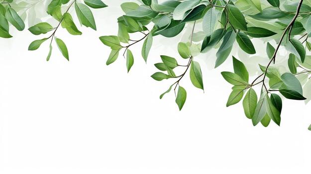 soft green tree branches on white background with copy space photo