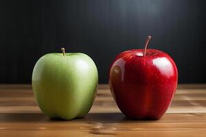 ai generativo rojo y verde manzanas con agua gotas en de madera mesa en contra negro antecedentes foto