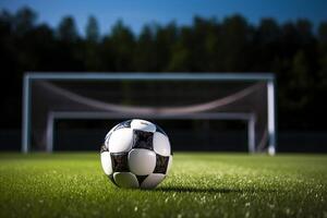 ai generativo fútbol pelota en el verde césped y objetivo red en fútbol americano estadio foto