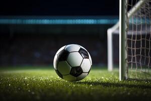 Soccer ball on the green grass and goal net in football stadium photo