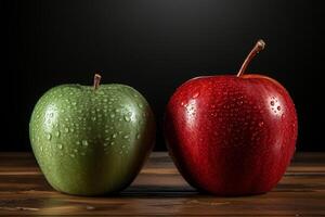 Red and green apples with water drops on wooden table against black background photo