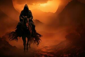 AI Generative soldier on horse in battle ground with hidden face , Ashura day concept photo